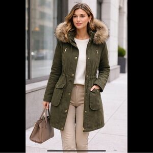 BCBG Faux Fur Hood City Coat Olive Utility Parka Jacket M